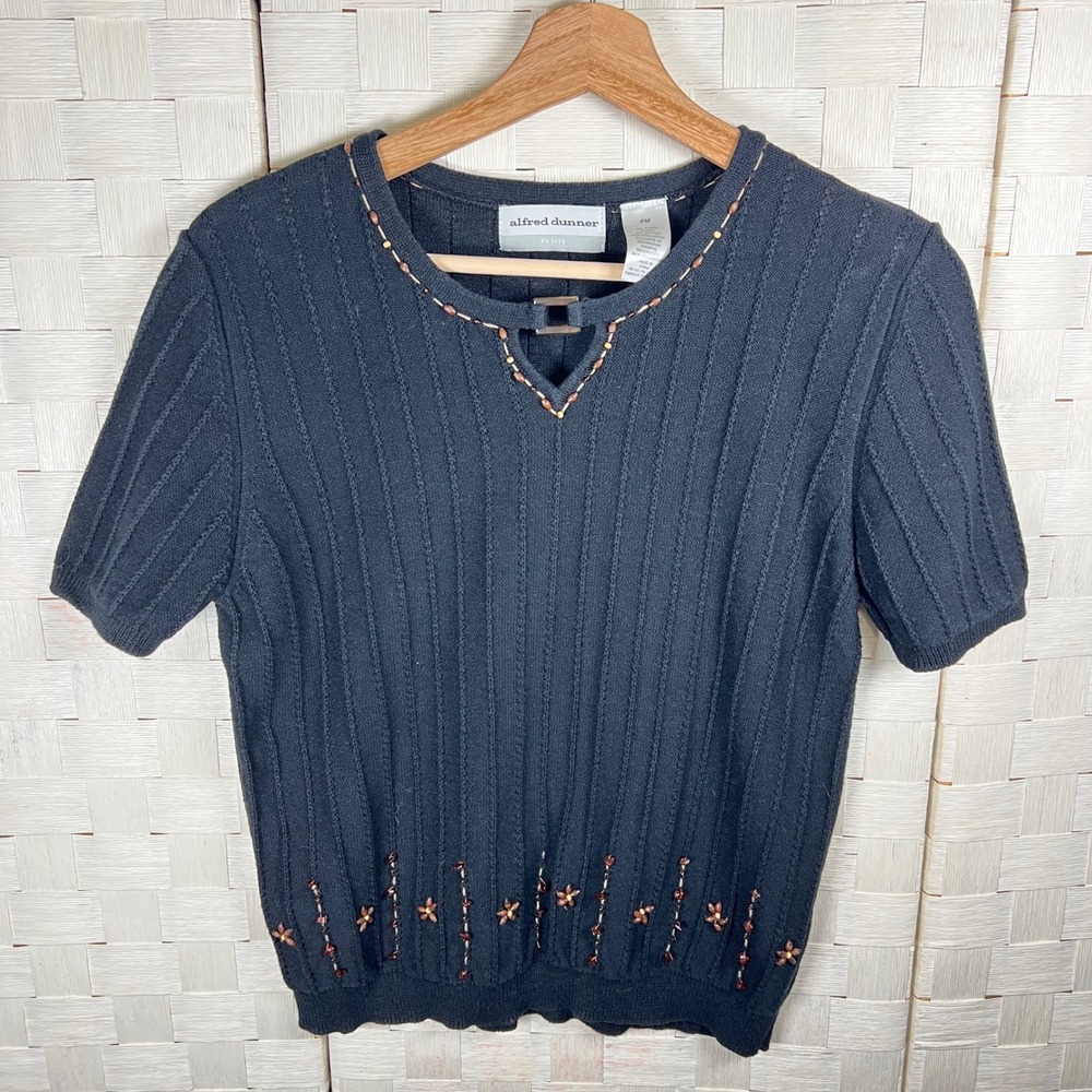 Alfred‎ Dunner Petite Black Ribbed Beaded Short Sleeve Knit Sweater Size PM - Picture 3 of 9